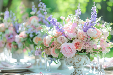 Wall Mural - Outdoor table setting with delicate pastel colored flowers. Generative AI