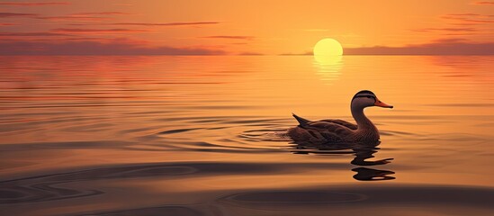 Poster - Duck swimming in water at sunset with setting sun