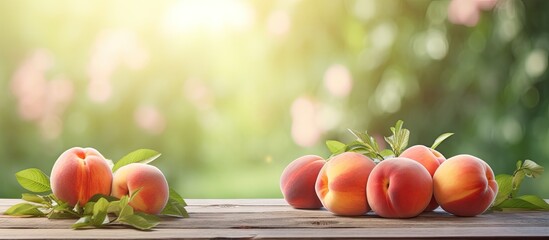 Canvas Print - Peaches on wooden table with leaves