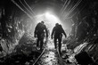 Three miners exiting a subterranean mine: a visual narrative of hard work and perseverance captured in stunning detail