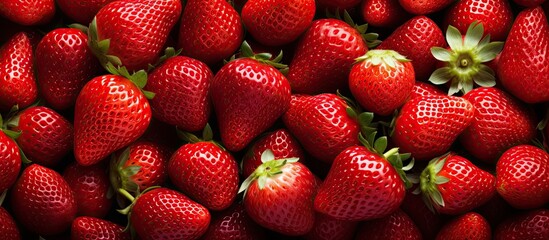 Poster - Ripe strawberries close up with fresh green leaves