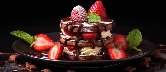 Canvas Print - Delicious chocolate cake and strawberries covered in chocolate sauce