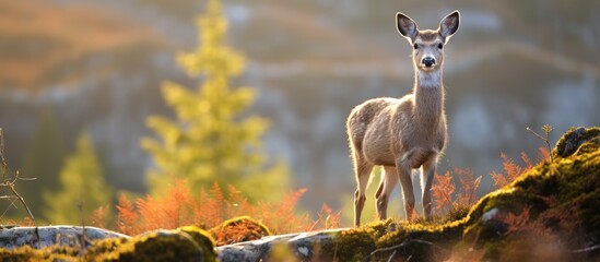 Poster - Deer on hill with mountain backdrop