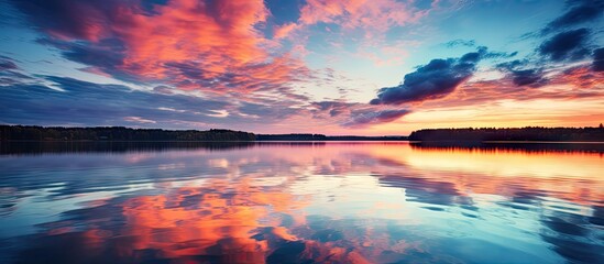 Canvas Print - Beautiful lake sunset with cloudy sky and water reflections