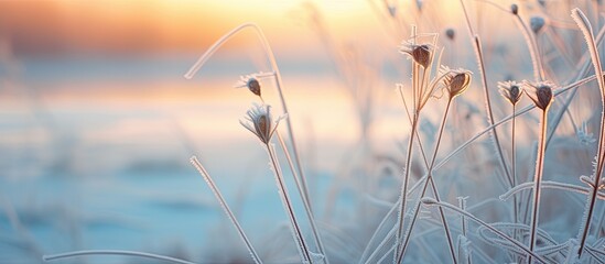 Canvas Print - Frosty grass under setting sun