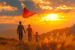 Dad and son soaring with kite in summer sunset nature playtime