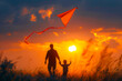 Sunset bonding: Father and son soar with a vibrant kite in the summer wilderness