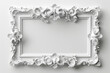 Whimsical 3D Rendering of Elegant White Baroque Frame on Surreal White Background, Perfect for Text or Photo Insertion, No Shadows