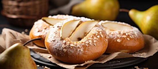 Wall Mural - Two donuts and pears arrangement on a plate