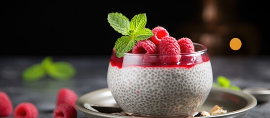 Wall Mural - Glass of pudding topped with raspberries