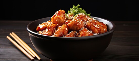 Sticker - A bowl of sesame chicken with chopsticks on a table