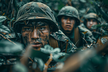 Wall Mural - WWII Soldiers Engage in Fierce Jungle Battle