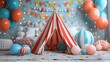 Interior kids room decorated withcircus tent; background with balloons and confetti, Kids play room, kids bed room, Children's hut, play tent and toys
