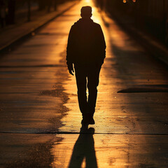 Wall Mural - faceless man walking away from sunset toward camera with long shadows