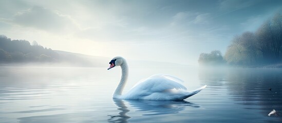 Canvas Print - White swan gracefully floating on a tranquil lake