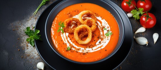 Poster - Fresh tomato soup garnished with onion rings and tomatoes