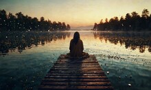 A Solitary Figure Sits On A Wooden Dock, Overlooking A Tranquil Lake As Fireflies Dance In The Warm Twilight Air. The Scene Is A Harmonious Blend Of Natural Beauty And Peaceful Contemplation.