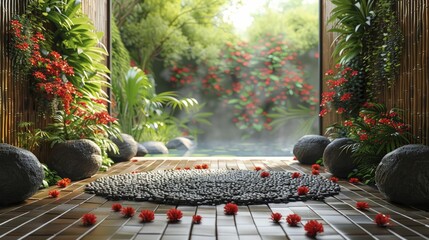 Poster - Experience tranquility in a serene setting surrounded by natural bamboo and a Zen Garden border perfect for displaying spa products.