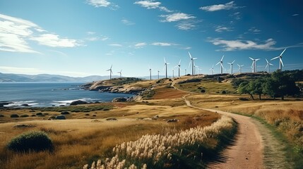 Wall Mural - Electric windmills of a wind farm or wind power station on the sea coast