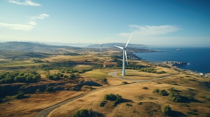 Wall Mural - Electric windmills of a wind farm or wind power station on the sea coast