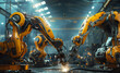 Yellow arm  robot welder in metallurgical factory.  Industrial concept.