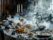 A banquet table set for ghosts, the food ethereal and shimmering