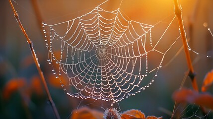 Spider web is covered in dew drops, creating a beautiful and serene scene. The spider web is a delicate and intricate design, showcasing the spider's skill and patience
