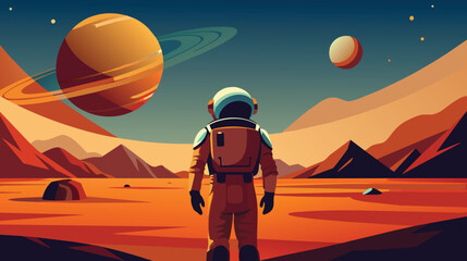 astronaut gazing at planets from a martian landscape at dusk