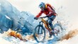 Abstract watercolor painting of a mountain biker