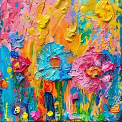 Wall Mural - A colorful textured painting featuring bold impasto flowers in a lively, abstract style, evoking a sense of joy and creativity