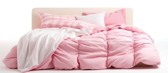 Wall Mural - A bed with a purple comforter and white pillows, featuring a magenta rectangular pattern on the textile. The flooring is white in a comfortable building