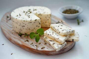 Wall Mural - Round savory oregano and goat cheese , on a wooden board 