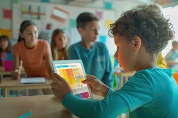 Young student with a tablet in classroom