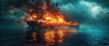 Fototapeta  - A burning oil tanker in the ocean