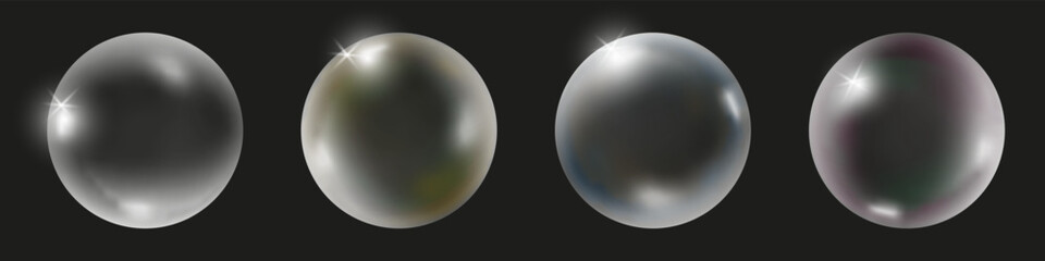 Wall Mural - Set of vector isolated transparent 3d bubbles on dark background. Set of abstract soap or glass bubbles.