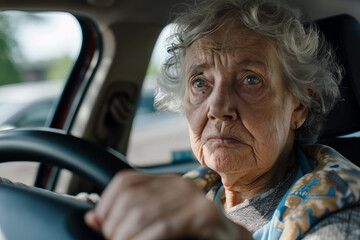 Wall Mural - senior citizen caucasian woman not wearing glasses driving a car with a concerned look on her face, concept of old age driving and dementia or poor eyesight