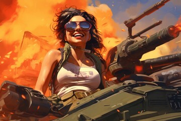 Woman in Tank Holding Gun Generative AI