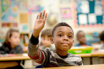 portrait of small black boy of 7 years old,sitting in modern classroom and taking an active part in learning,raising his hand,concept of educational materials,development