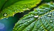 Macro shot of vibrant green leaf bejeweled with crystal-clear dewdrops, capturing the essence of fresh flora and the purity of water in nature.