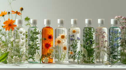 Crystal Clear Bottles Filled With Colorful Flowers and Moisturizing Liquid