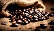 Rich, dark coffee beans spill from a burlap sack onto a textured surface, capturing the essence of fresh, quality coffee.