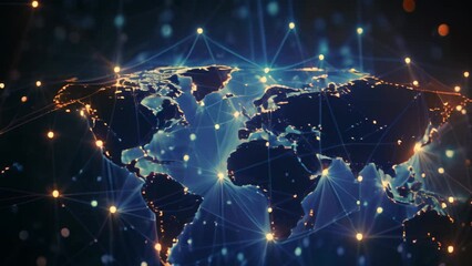 Poster - World map on technological background, glowing lines symbols. 3D rendering, Abstract world network connection on a glowing world map, Black background, AI Generated