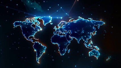 Poster - Abstract world map with glowing lines and dots on dark background. Abstract world network connection on a glowing world map, Black background, AI Generated