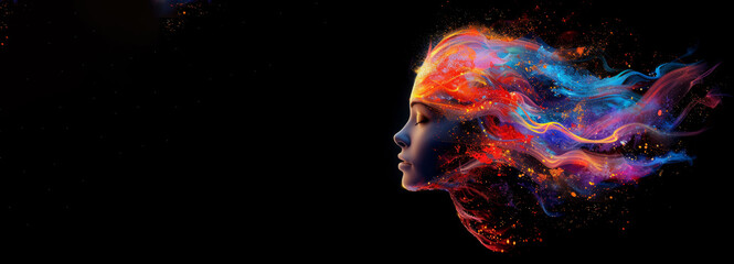 Wall Mural - A woman's face is shown in a colorful explosion of paint.nConcept art of a human brain exploding with knowledge and creativity. human head with art ink splash about ideas, innovation, and technology.