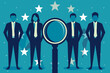 Recruiters on the lookout for star candidates, HR team using magnifying glass and binoculars to find best-fit employees, proactive approach to talent acquisition and hiring.