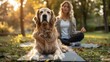 A dog practicing yoga poses alongside its owner in a serene park setting, with Canine Fitness Month mats, illustrating the concept of mental and physical well-being for pets