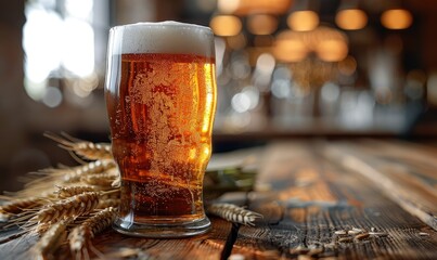 Wall Mural - Frothy fresh beer glass with wheat stalks on a rustic wooden table