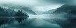 Beautiful lake in misty morning. Mountains and clouds are reflected in the calm water surface. Norwegian landscape with mountains, dark forest and lake among low clouds. Nature, ecology, eco tourism
