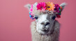 April Fool's Day poster featuring a comical llama in a hat and a fluffy white llama in a flower crown on a pink backdrop with a sheep portrait wearing a colorful birthday hat