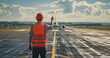 An airfield operations specialist in safety vest, directing airplanes, on a runway, photorealistik, solid color background